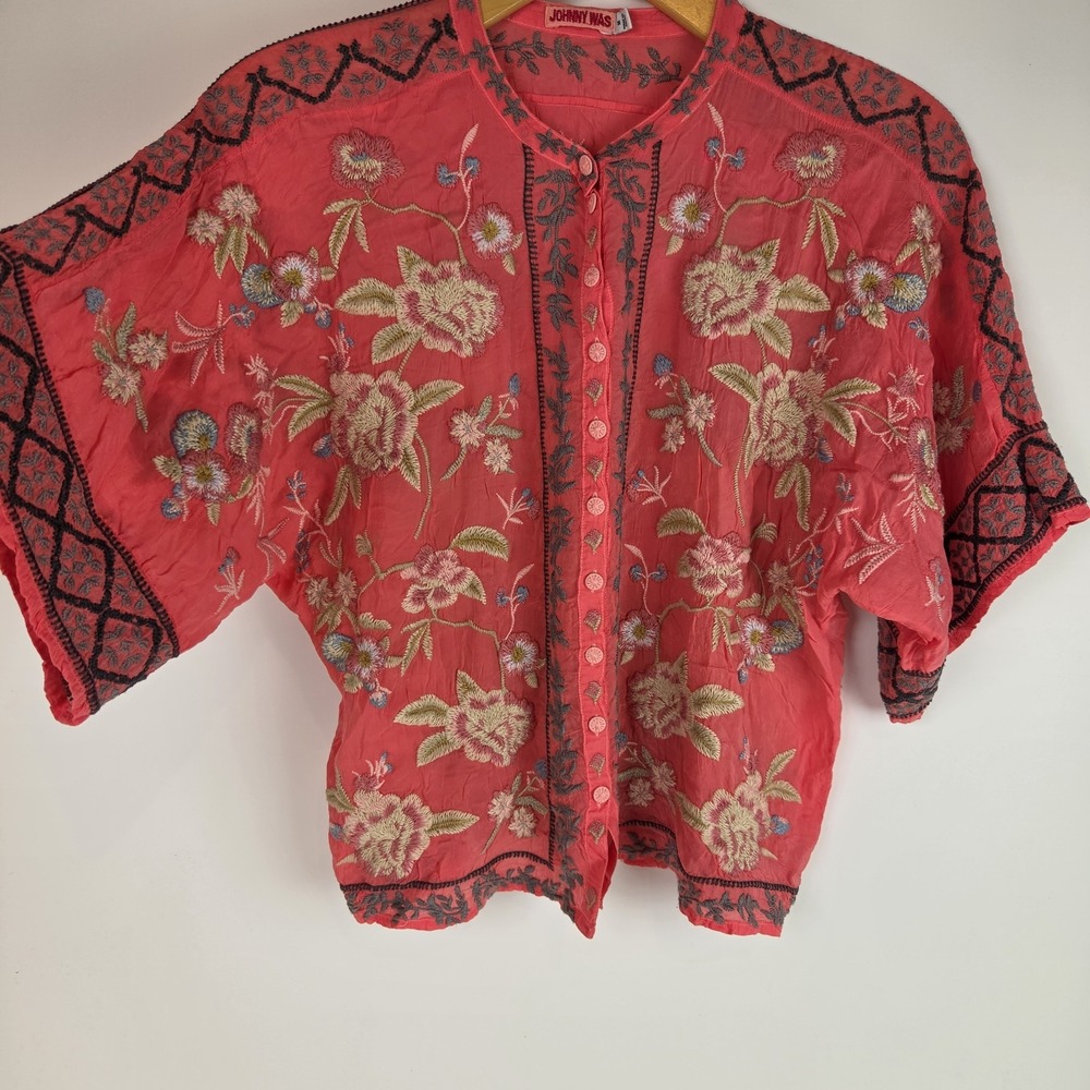 Johnny Was Mulane Embroidered Blouse Sunset Coral Boho Top M
